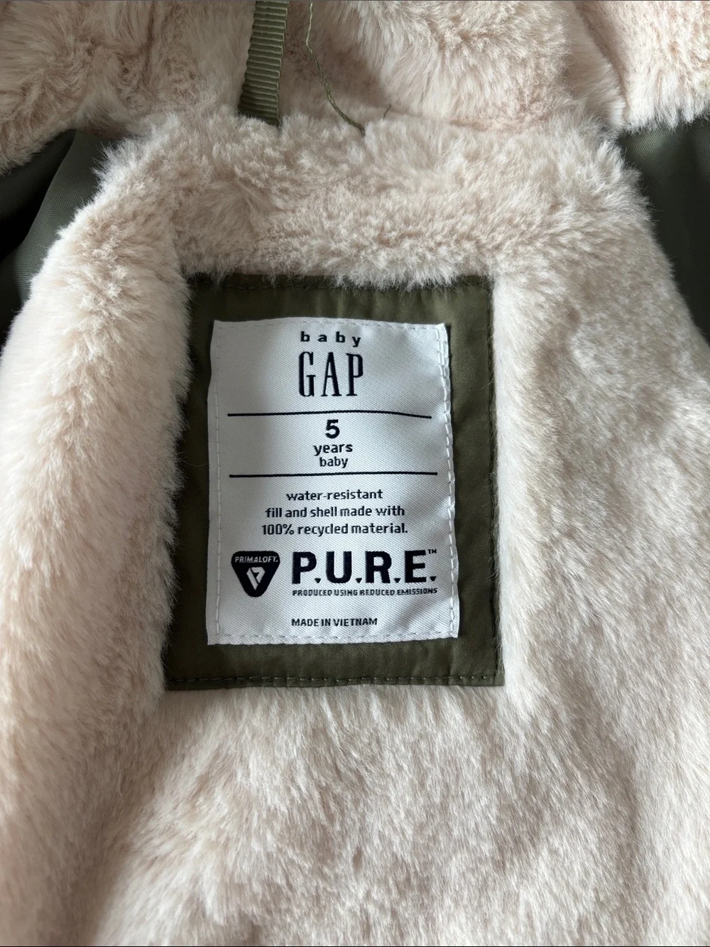 GAP PURE Girls Size 5 Sage Green Puffer Coat with Furry Lining
